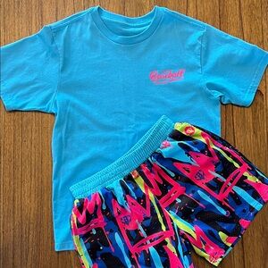 Vibrant Graphic Shorts and Blue Tee Set